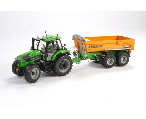 Farm Models comprising 1/32 Weise Toys Deutz 6185 Tractor plus UH Joskin Trailer (custom wheels). One trailer wheel repaired.