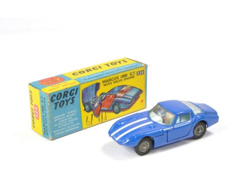 Corgi No. 324 Marcos 1800 GT with Volvo Engine. Blue / White with white interior. Generally very good to excellent, the odd c