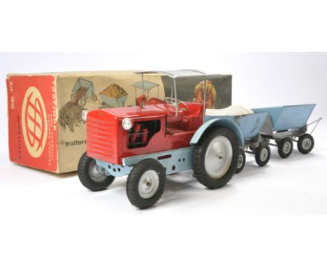 Sommavilla (Italy) Large Scale Battery Operated Mechanical Tractor and Twin Tipping Trailer Set (No. 1018). Red, blue and sil