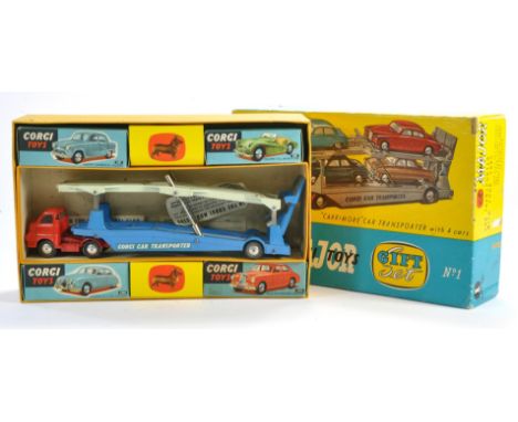 Corgi Gift Set No. 1 Carrimore Car Transporter with Four Cars. Comprising 1) No. 201 Austin Cambridge Saloon. Two tone silver