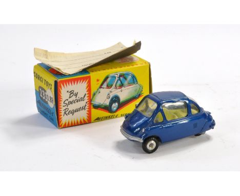 Corgi No. 233 Heinkel Economy Car. Dark Blue with Lemon interior. Excellent with very little sign of wear, the odd speck in g