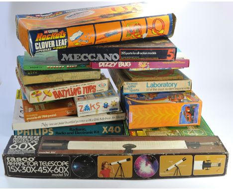 A group of vintage children's games and toys, plus telescope also including Corgi Rockets Set no. 2053 (missing car). All unc