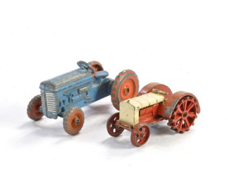 Moko Ferguson Tractor, blue with orange hubs plus Dinky pre-war Fordson tractor in cream and red. Both with signs of playwear