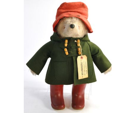 Gabrielle Designs 20" 1972 Paddington Mohair Bear with red felt hat, dunlop boots and Dark Green jacket with toggles. Origina