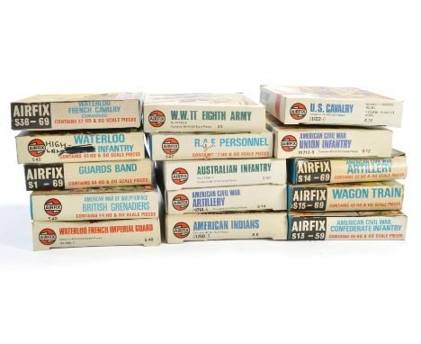 Airfix group of fifteen HO/OO plastic figure sets comprising Waterloo French Cavalry, Waterloo Highland Infantry, Guards Band
