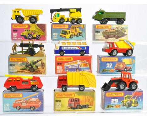 Matchbox Superfast comprising nine boxed issues as shown. Crane Truck, Tractor Shovel, Refuse Truck etc. Mostly very good or 