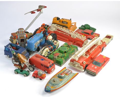 Vintage (childhood) toy group comprising playworn plastic and tinplate issues including vehicles, Robot and other similar the