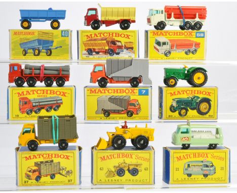 Matchbox Regular wheels comprising nine boxed issues as shown. Gritter Lorry, Tractor, Pipe Truck etc. Mostly very good or ex