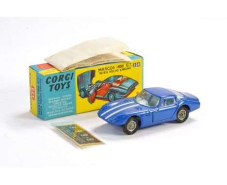 Corgi No. 324 Marcos 1800 GT with Volvo Engine. Blue with light blue interior plus wire wheels. Generally excellent with no o