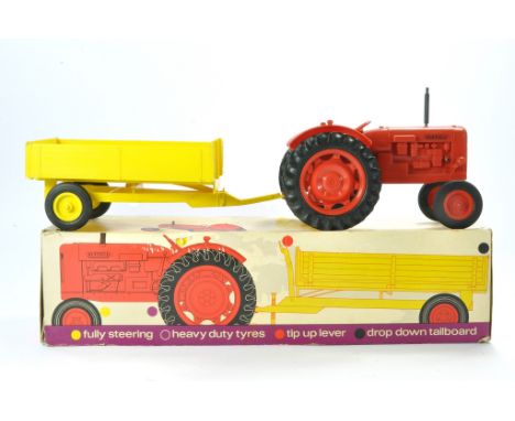 Pippin Toys UK (Raphael Lipkin) Vintage Large Scale Plastic Nuffield Universal Tractor and Trailer Set. Tractor is red with b