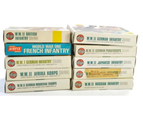 Airfix group of ten HO/OO plastic figure sets comprising Luftwaffe Personnel, US Paratroops, 8th Army, WWI American Infantry,