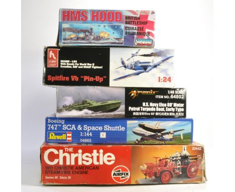 A group of plastic model kits comprising Lindberg HMS Hood, Hobby Craft 1/24 Spitfire, Airfix Christie Fire Engine, Revell Bo