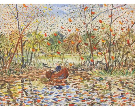 Matthew Perceval (Australian, b.1945)Lake scene with a figure in a rowing boatsigned 'Matthew Perceval' l.r., dated '1966' l.