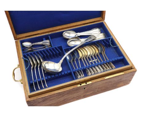 A canteen of silver Fiddle. thread and shell pattern flatware,by Francis Higgins II, London 1888, crest engraved comprising:2