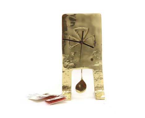 A David Marshall brass mantel timepiece,raised on two integral supports, complete with pendulum,23.6cm highCondition ReportMi