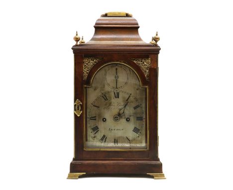 A George III mahogany bracket clock, John Gent, London,the arched, silvered dial with a strike/silent dial inscribed 'John Ge