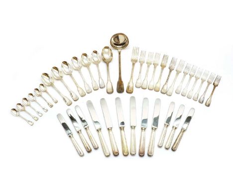 A silver flatware service,20th century, Italian, serving six places, comprising, table knives and forks, dessert knives and f