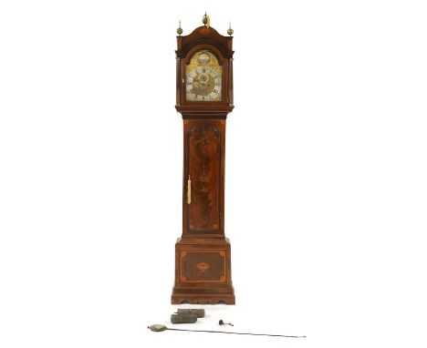 An eight-day longcase clock,c.1890s, the arched brass dial signed Banister Colchester, with silvered chapter ring and date ap