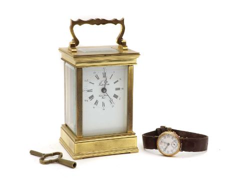 A French brass carriage clock, signed L'Epee Fondee en 1839, Sainte-Suxanne France, the white enamel dial in four bevelled gl