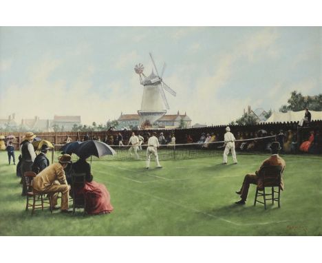 J Fermor (20th century)'Tennis Match, Whitby'signed 'Fermor' l.r., inscribed with title and dated '1901' verso, oil on canvas