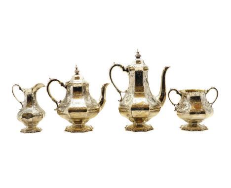 A cased Victorian silver four piece tea service,by Daniel & Charles Houle, London 1854, comprising a coffee pot, 30cm high, a