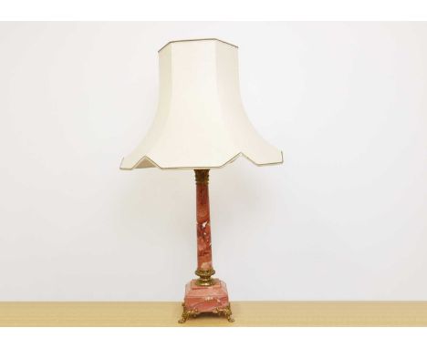 A marble and gilt bronze mounted Corinthian column table lamp,20th century, raised on gilt bronze claw feet, complete with it