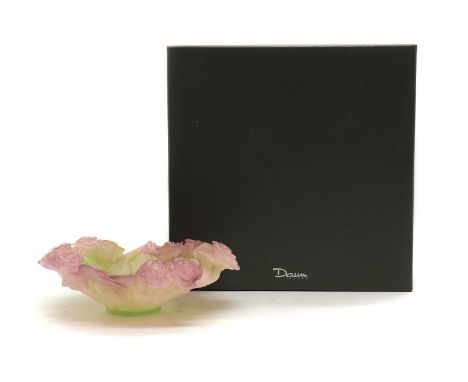 A Daum pate de verre glass Rose bowl,of recent manufacture, in graduated green to pink, in original box,26cm wideCondition Re
