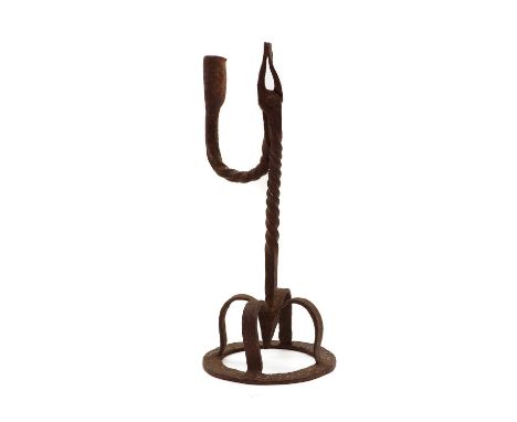 A wrought iron rushnip light,18th century, possibly Irish, with a wrythen column,28.5cm highCondition ReportSturdy. Even, hea