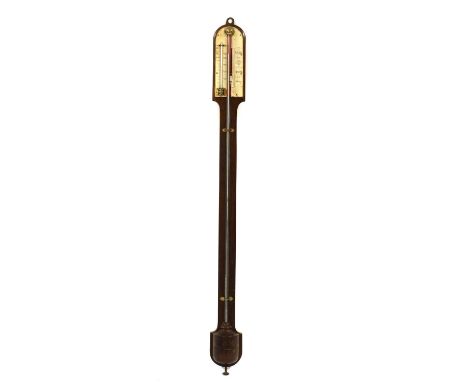 An oak stick barometer,19th century, the domed top with ivory register and thermometer, over an urn-shaped reservoir cover,95