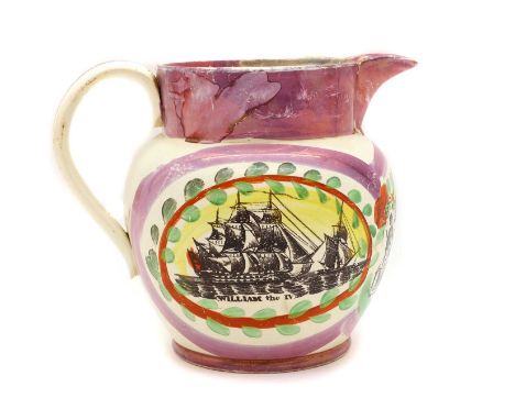 A William IV Sunderland pottery lustre jug,painted with a ship and poem titled 'Success to the Tars of Old England'18cm highC