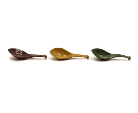 A rare set of Chinese biscuit porcelain spoons,c.1725, from the Ca Mau shipwreck, moulded in the shape of a leaf with incised