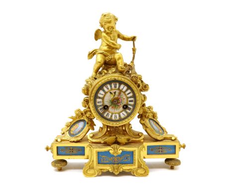 An ormolu and porcelain mantel clock,late 19th century, French, with Sevres-style porcelain mounts and dial, with striking tw