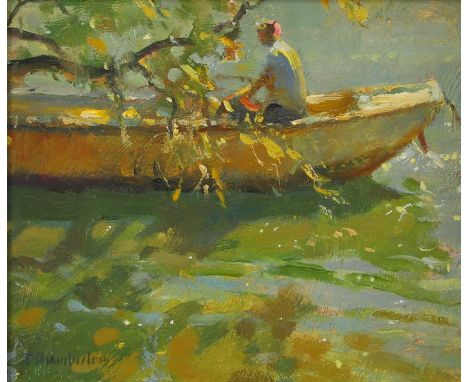 ▴ Trevor Chamberlain ROI RSMA (b.1933)'Fishing from a Punt'signed 'T. Chamberlain' l.l., further signed and inscribed with ti