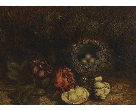 Mary Ensor (fl.1863-1897)Birds Nest and Flowers'signed 'M.Ensor' l.r., titled verso, oil on board33 x 41cmCondition Reportove