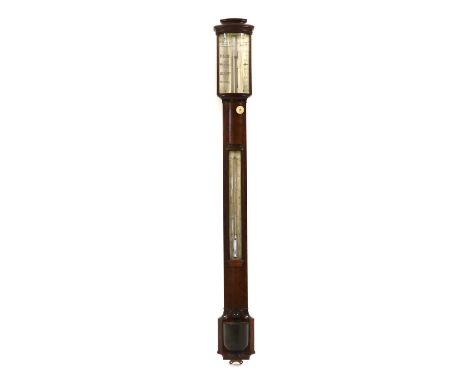 A mahogany bow front stick barometer,19th century, the ivory register engraved 'C.W. Dixey, Optician to the Queen, 3 New Bond