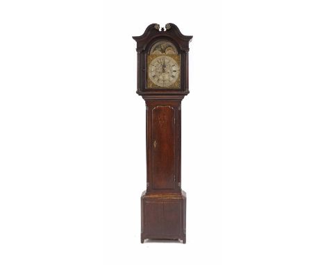 An eight-day oak long-cased clock by John Heaton of Bierleyearly 19th Century, the silvered arching dial with moon phase, sub