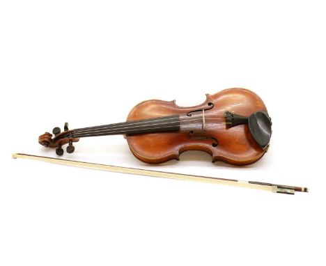 A violin,probably French, late 19th Century, of orange brown colour, the two piece back with medium curl measuring 360mm, com