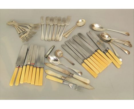 Mixed quantity of silver and plate items to include a silver bladed bread knife together with a collection of silver plated f