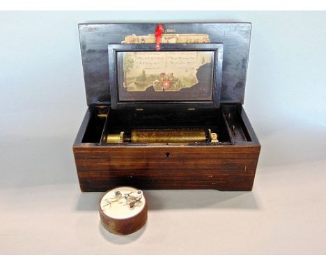 Late 19th century simulated rosewood music box playing on six airs with good brass cylinder and comb, in working order, 35 cm