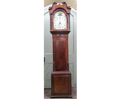 A Georgian oak cottage longcase clock, the trunk crossbanded in walnut and with further inlaid detail, the arched hood with s