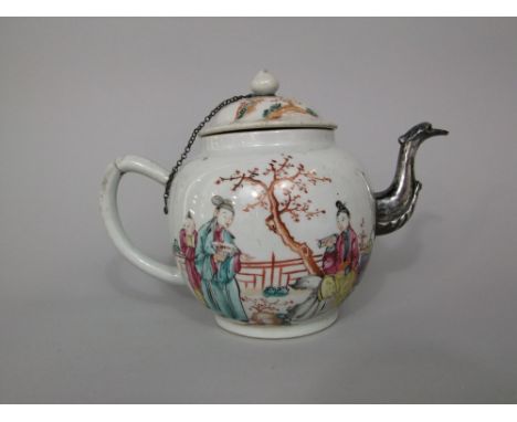 19th century Chinese porcelain teapot, enamelled with figures in a garden setting, silver spout, 23cm long