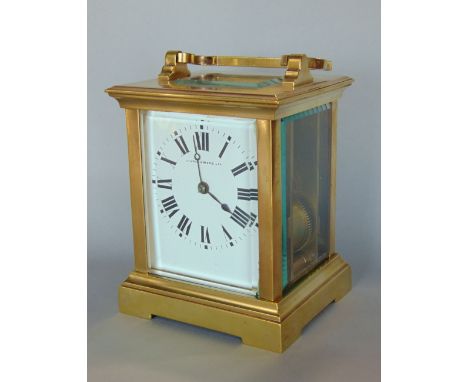 A good quality square brass carriage clock by Mappin &amp; Webb with Roman numerals, bevel glass and striking on a gong, 12 c