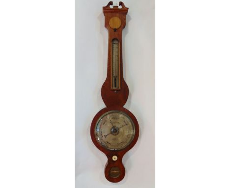 Good quality fruitwood cased banjo barometer thermometer with silvered dials by V W Gironimo of Bristol, 95 cm high