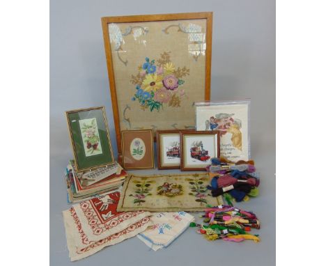 Collection of embroidery effects including a needlepoint panel dated 1866, floral embroidered panel/firescreen, vintage tapes