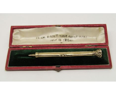 Yellow metal combination propelling pen / pencil, with engine turned decoration and foil set citrine terminal, contained in a