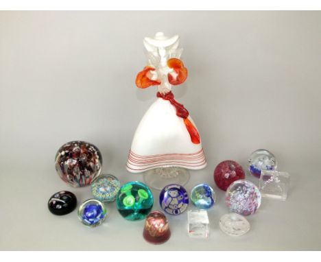 A Murano type glass figure of a lady in a hat, 38 cm, together with a heavy glass dump with polychrome bubbled detail, a coll