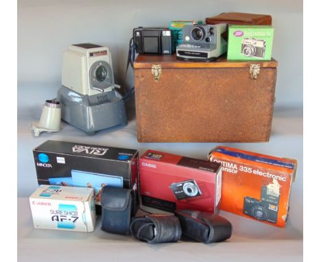 Cased film projector and two boxes of cameras, and a further box of vintage cameras 