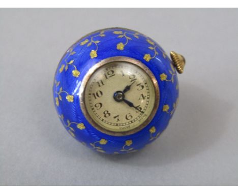 Attractive 19th century enamel and gilt inlay ball fob clock, with champagne dial fitted with Arabic numerals, with original 