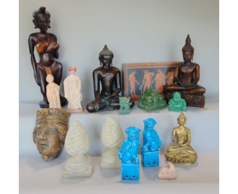 A large collection of decorative Eastern items to include a gilt metal seated Buddha vista, further Buddha figures, jade type