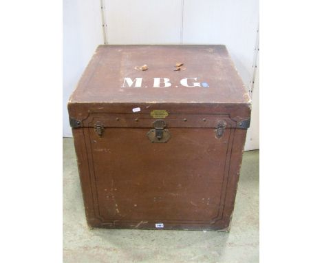 An early 20th century Belgian canvas travelling trunk of square cut form, with applied brass fittings